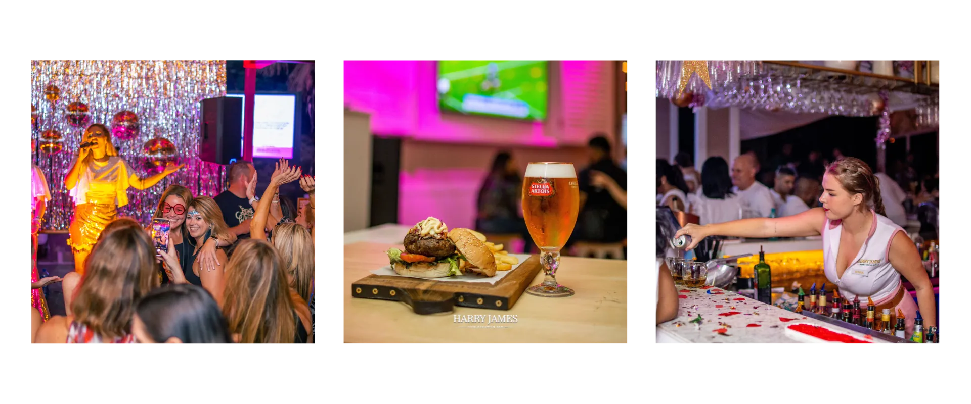 A singer performing to a crowd, a gourmet burger with beer, and a bartender pouring a cocktail at Harry James